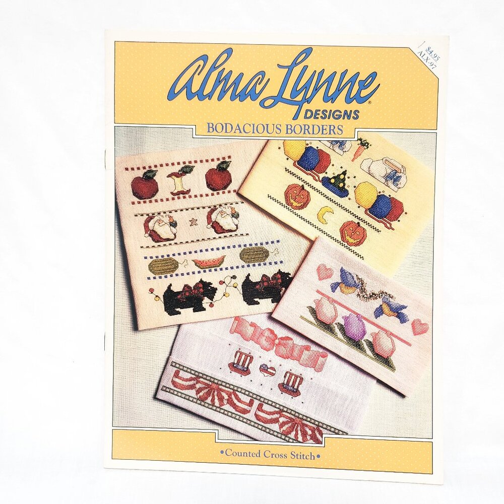 Bodacious Borders Cross Stitch Leaflet Alma Lynne 1991 Holiday Apple Scottie Dog